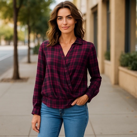 beachlunchlounge Plaid Wrap Blouse 💕 XS | Berry Black Surplice Fall Top - Picture 1 of 7